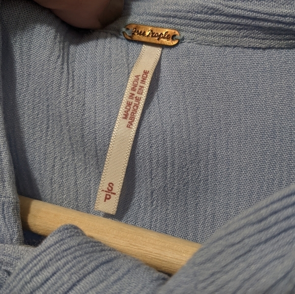 Free People Wishful Moments Tie Neck Blouse Blue Embroidered Long Sleeve Top S - Picture 12 of 16